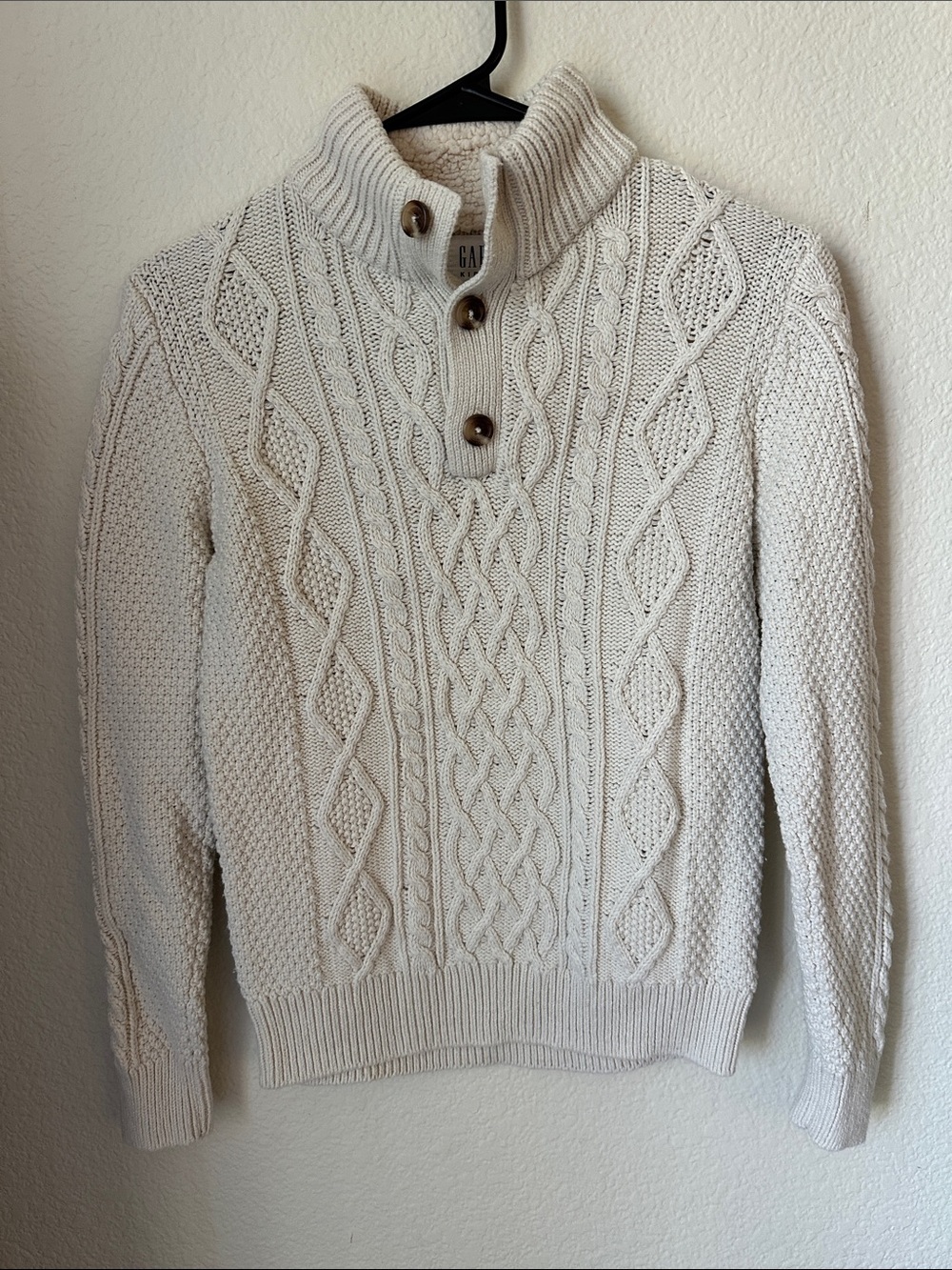 GAP Cream Cable-Knit Mock Neck Sweater with Button Placket